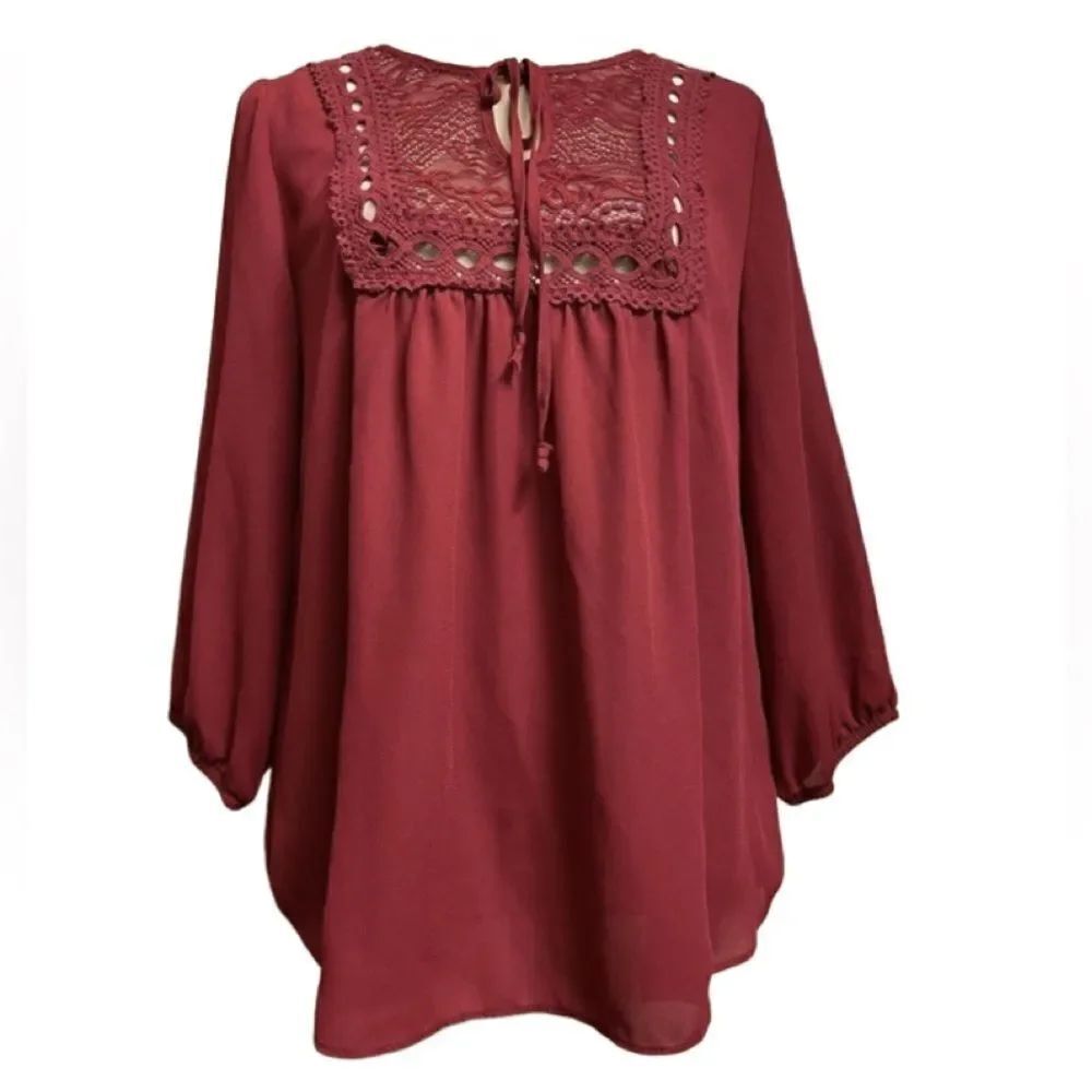 Iz Byer Red Pullover Blouse w/Lace Top & Elastics on Sleeves (Size: Large) - Picture 3 of 14